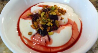 Yogurt with Honey, Sour Cherry Preserves, and Crushed Pistachios